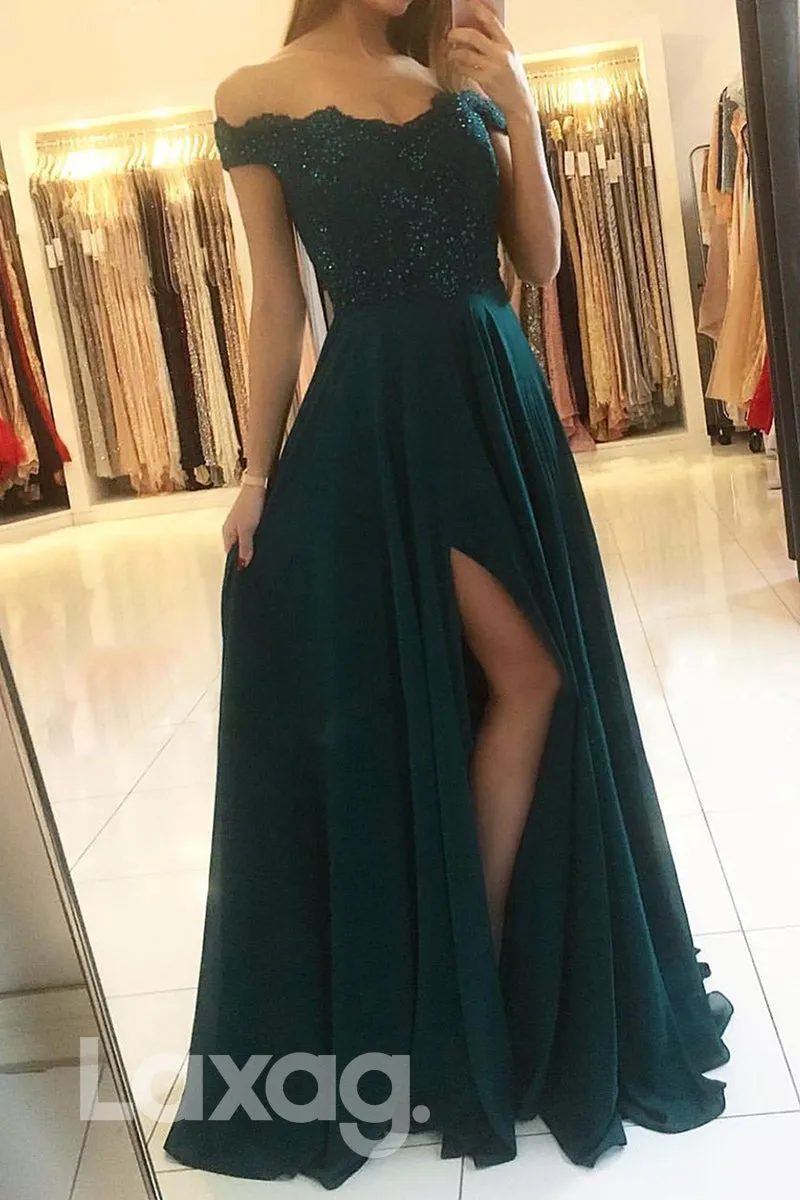 16712 - Off the Shoulder High Split A-line Formal Dress