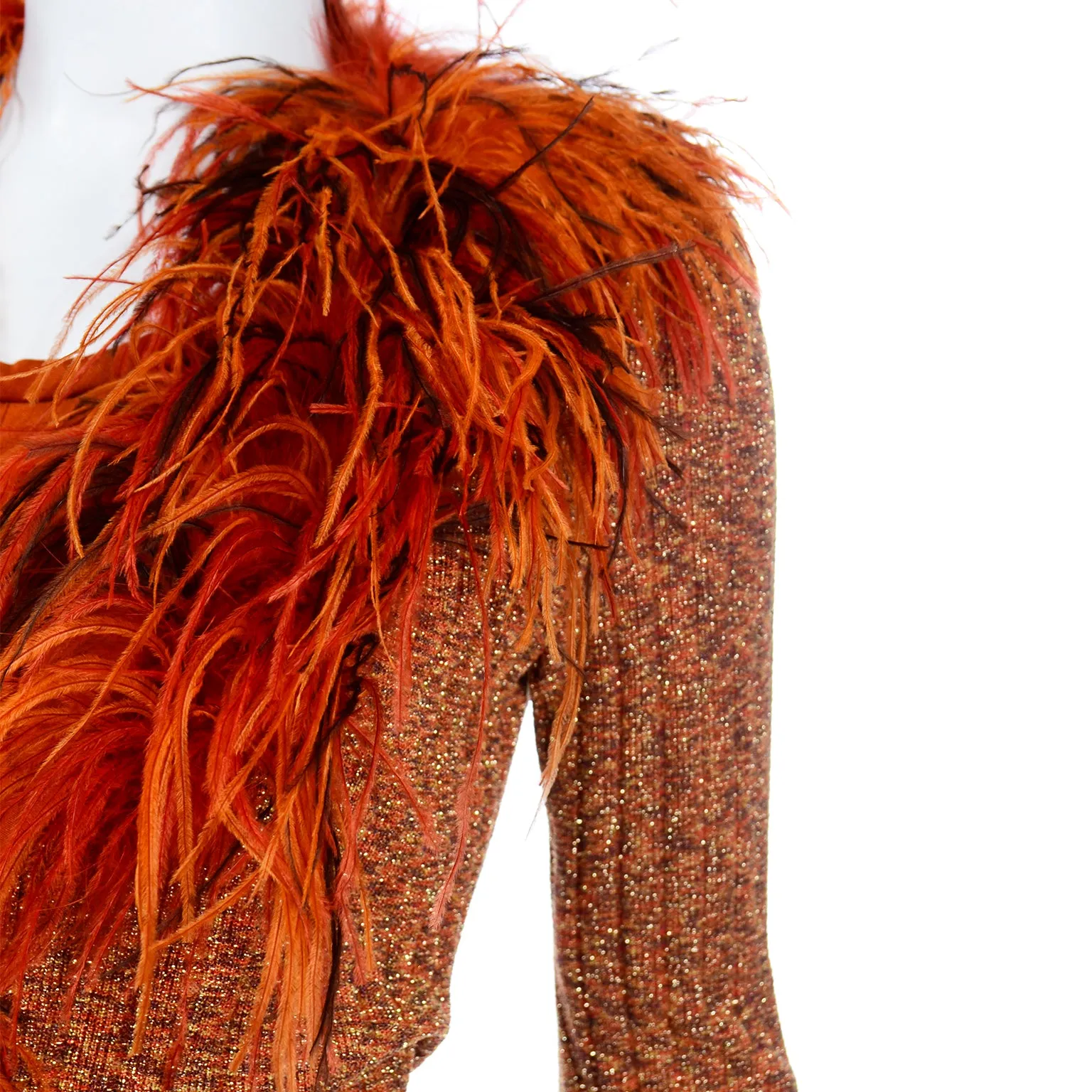 1970s Burnt Orange Jersey Maxi Dress w Ostrich Feather Knit Sweater