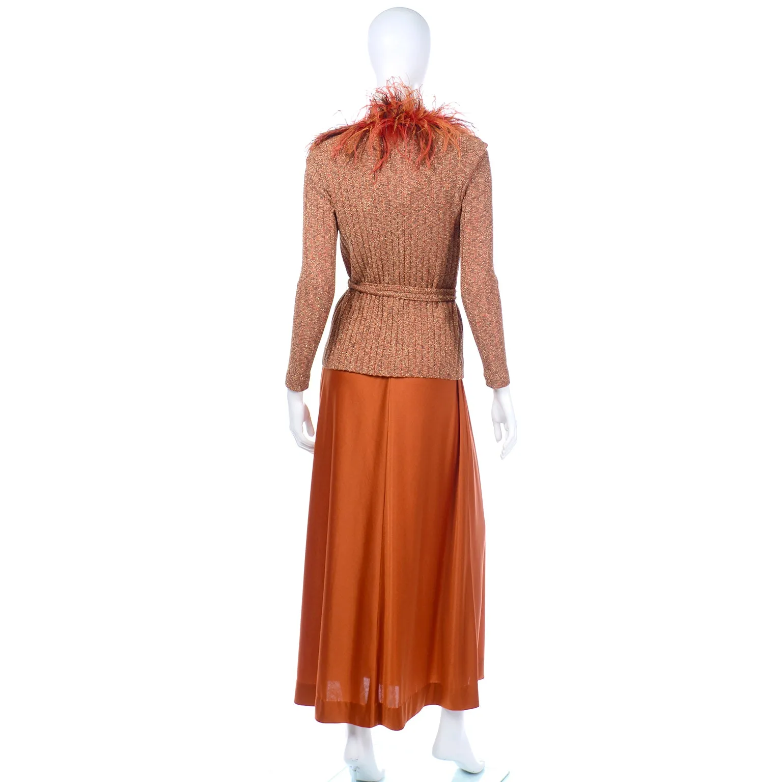 1970s Burnt Orange Jersey Maxi Dress w Ostrich Feather Knit Sweater