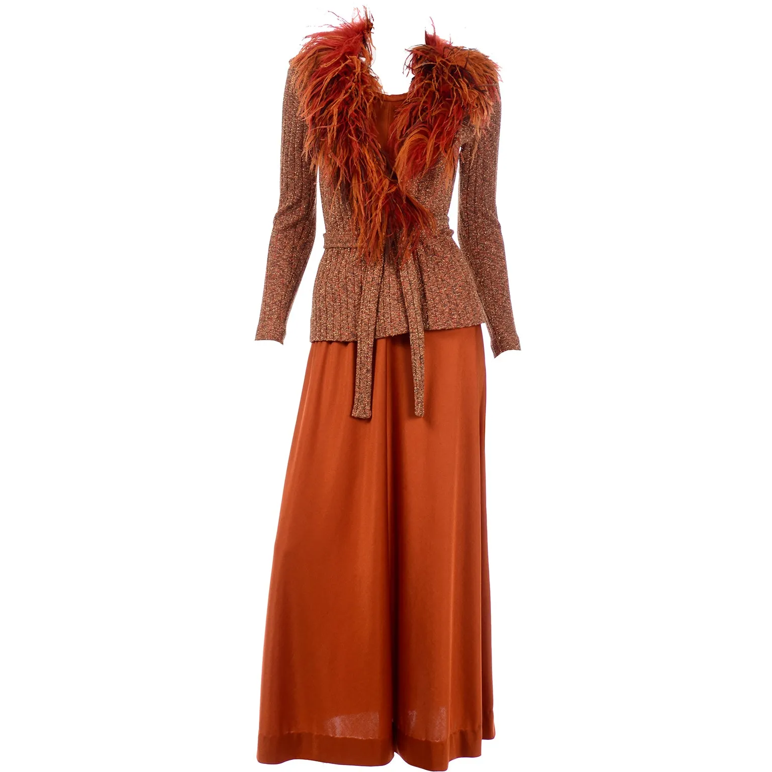 1970s Burnt Orange Jersey Maxi Dress w Ostrich Feather Knit Sweater