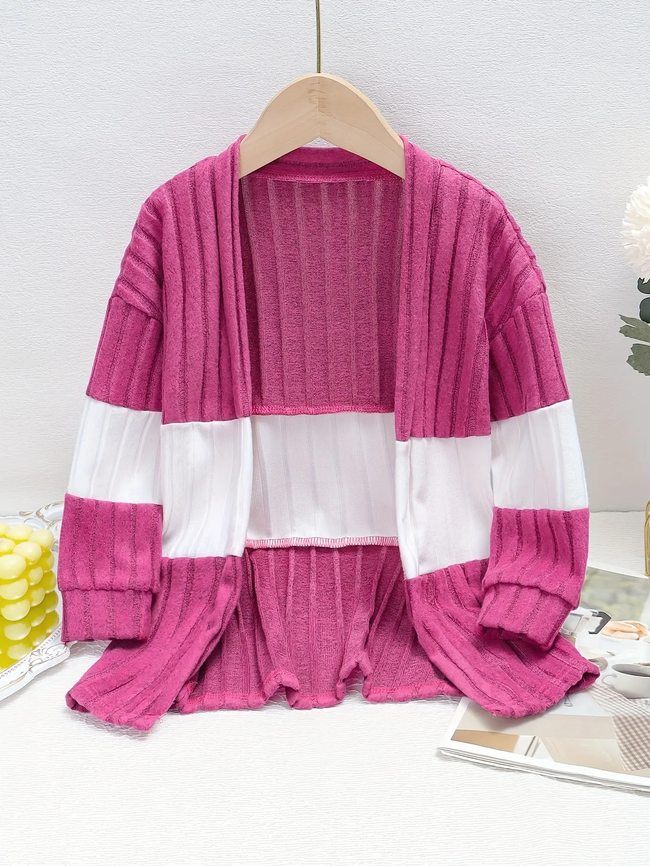 1pc Trendy Color Blocking Knit Long Cardigan for Girls - Soft, Versatile, and Cozy Long Sleeve Knitted Outerwear for Autumn/Winter - Chic, Fashionable, and Warm Clothing for Casual Daily Wear