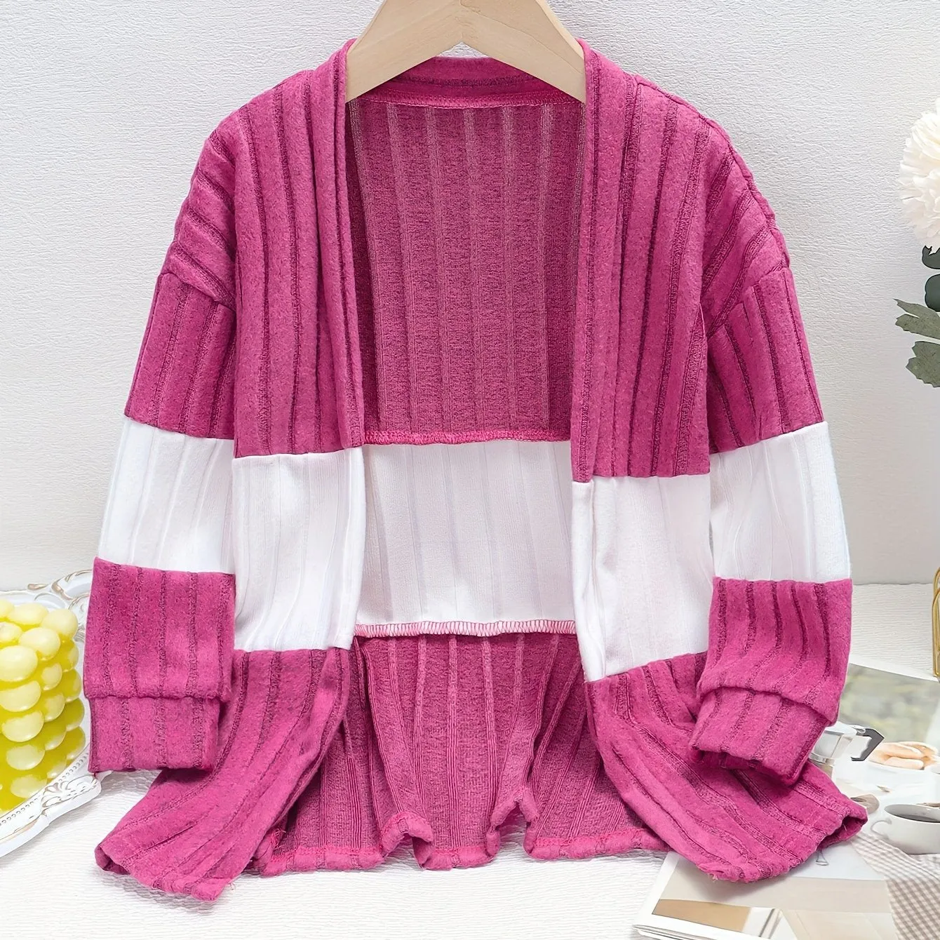 1pc Trendy Color Blocking Knit Long Cardigan for Girls - Soft, Versatile, and Cozy Long Sleeve Knitted Outerwear for Autumn/Winter - Chic, Fashionable, and Warm Clothing for Casual Daily Wear