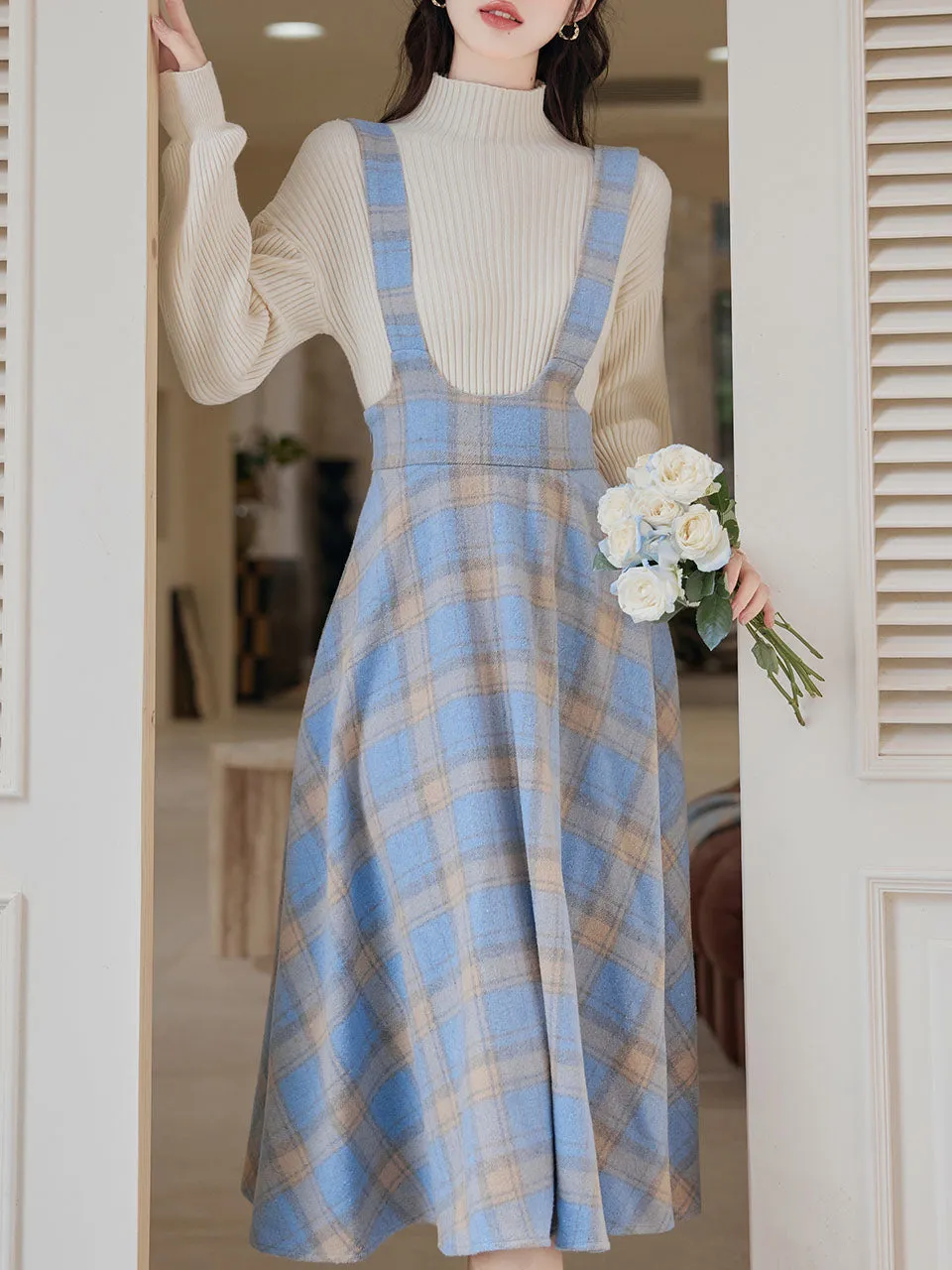 2PS Blue Sweater With Vinatge Blue Plaid Suspender 1950S Dress