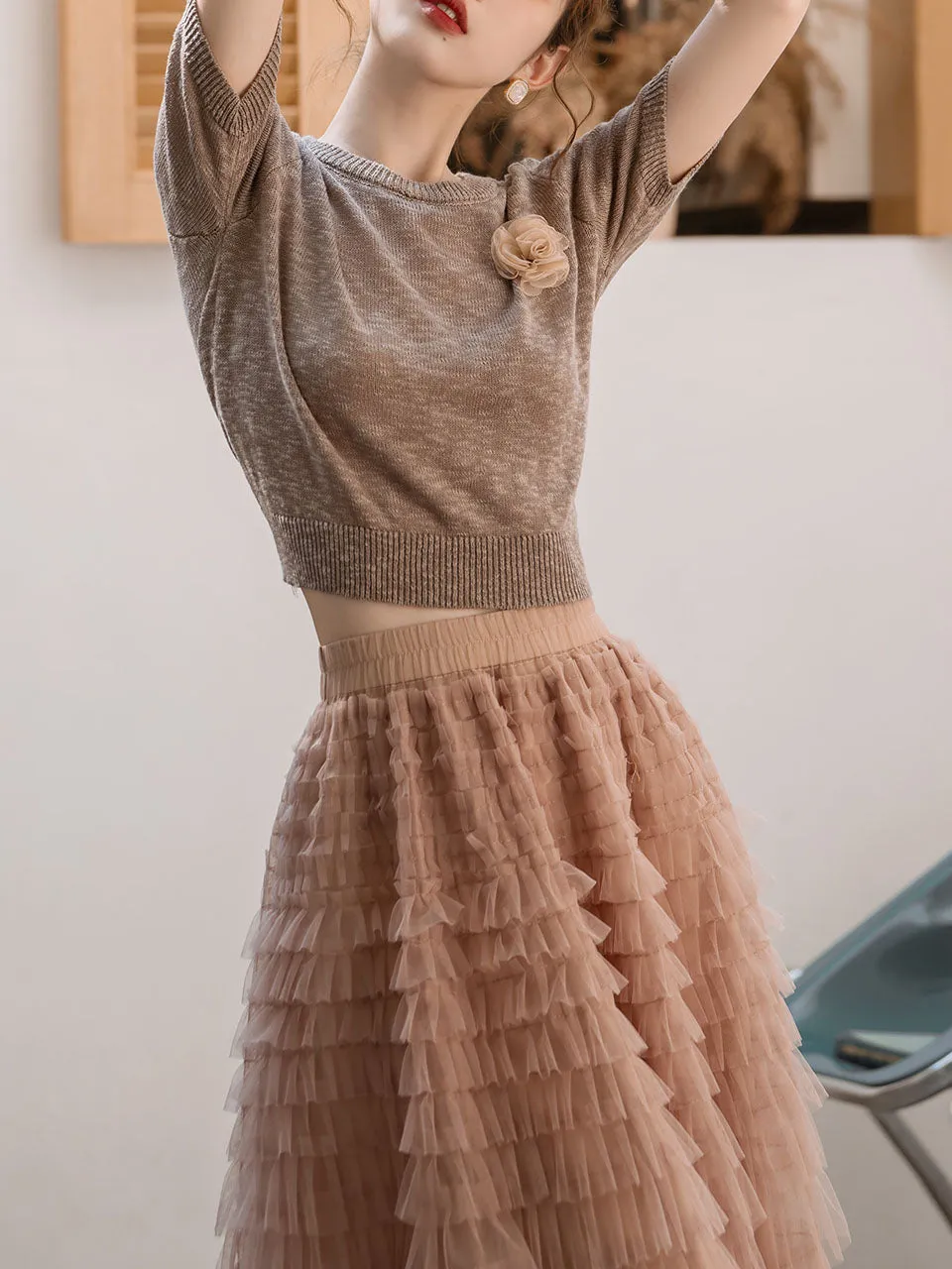 2PS Brown Backless Knitted Sweater And Swing Mesh Fairy Skirt Dress Set