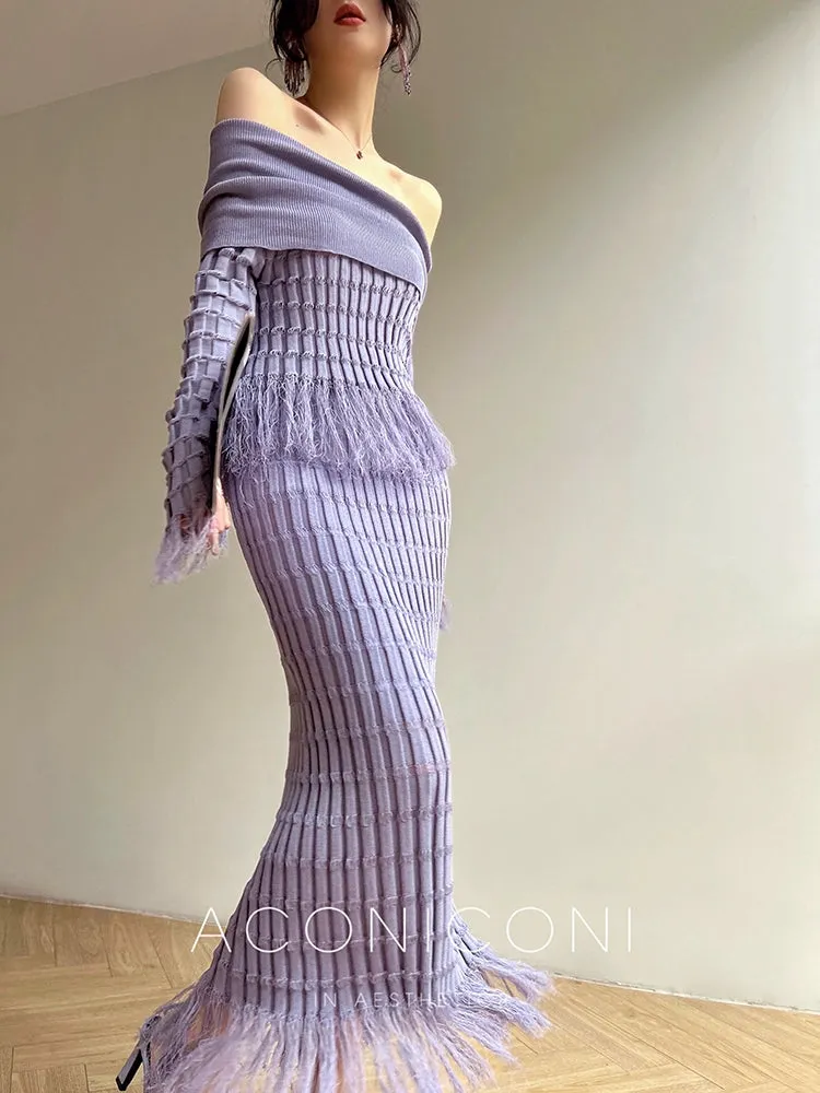 Aconiconi High EndOff Shoulder bodyon Long sweater skirt top- Lavender Hibiscus