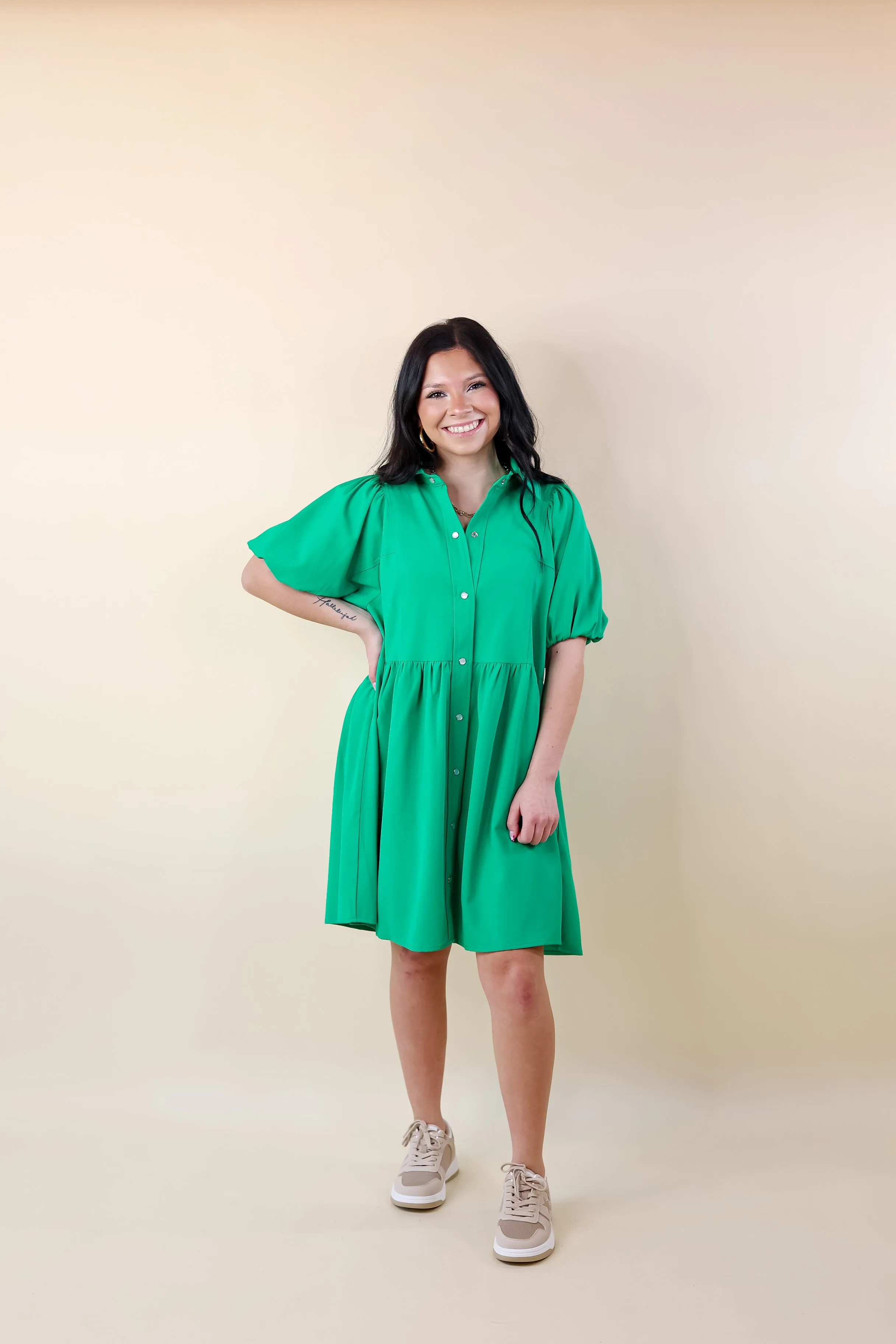 Adventures Ahead Button Up Babydoll Dress in Green