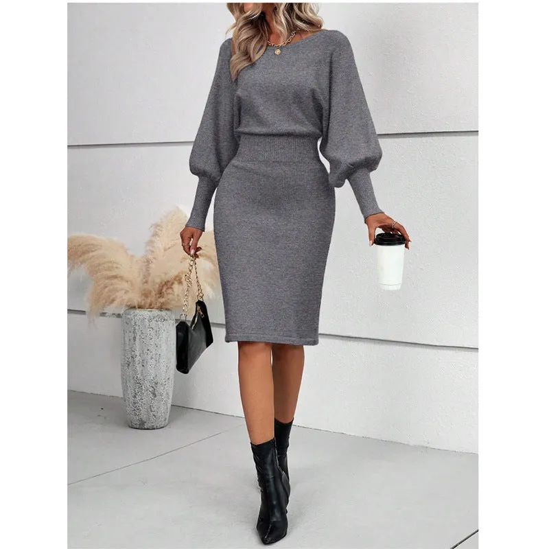 Aiertu black sweater dress outfit Women's Knitted Sweater Dress Elegant round Neck Long Sleeve Sexy Solid Color Waist Slimming Sheath Skirt