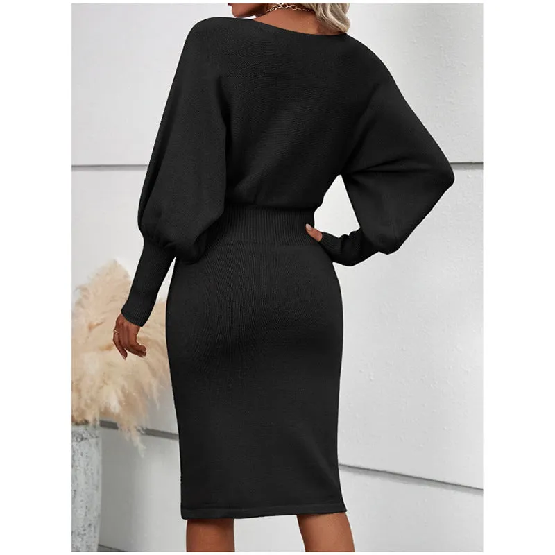 Aiertu black sweater dress outfit Women's Knitted Sweater Dress Elegant round Neck Long Sleeve Sexy Solid Color Waist Slimming Sheath Skirt