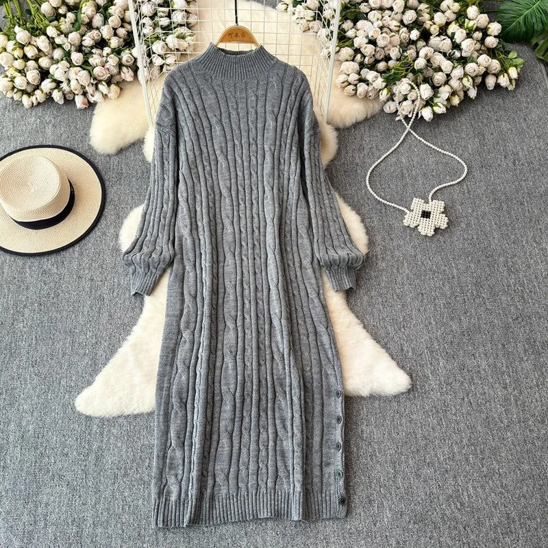 Aiertu long sweater dress outfit Autumn and Winter Korean Style Loose Lazy Style Mid-Length Knitted Dress Women's Half Turtleneck Twist Sweater Skirt Fashion