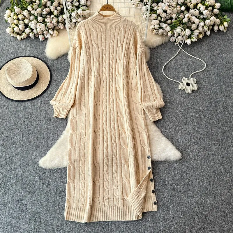 Aiertu long sweater dress outfit Autumn and Winter Korean Style Loose Lazy Style Mid-Length Knitted Dress Women's Half Turtleneck Twist Sweater Skirt Fashion