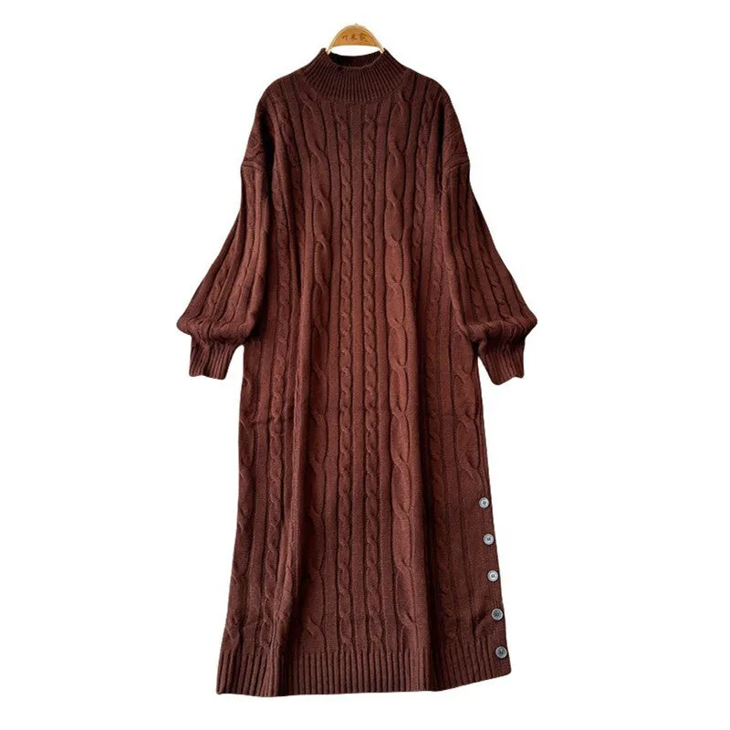 Aiertu long sweater dress outfit Autumn and Winter Korean Style Loose Lazy Style Mid-Length Knitted Dress Women's Half Turtleneck Twist Sweater Skirt Fashion