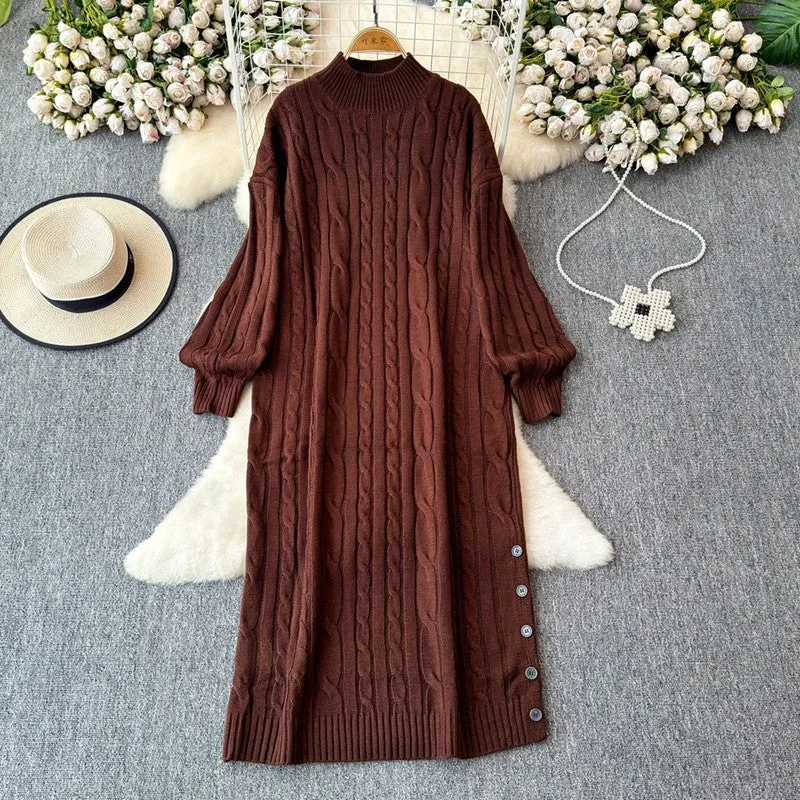 Aiertu long sweater dress outfit Autumn and Winter Korean Style Loose Lazy Style Mid-Length Knitted Dress Women's Half Turtleneck Twist Sweater Skirt Fashion