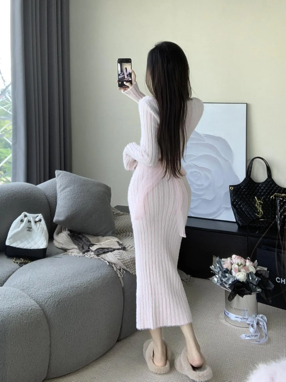 Aiertu simple winter outfits Furry Knitted Suit Square Collar Pullover Short Sweater Top Sheath Dress Bow Two-Piece Set