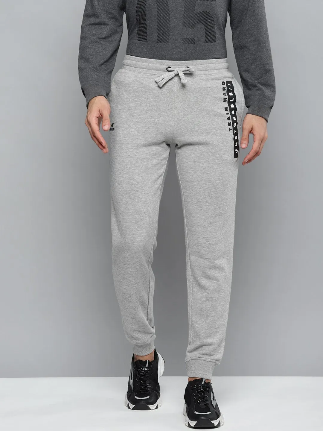 Alcis Men Grey Melange Solid Slim Fit Joggers with Printed Detail