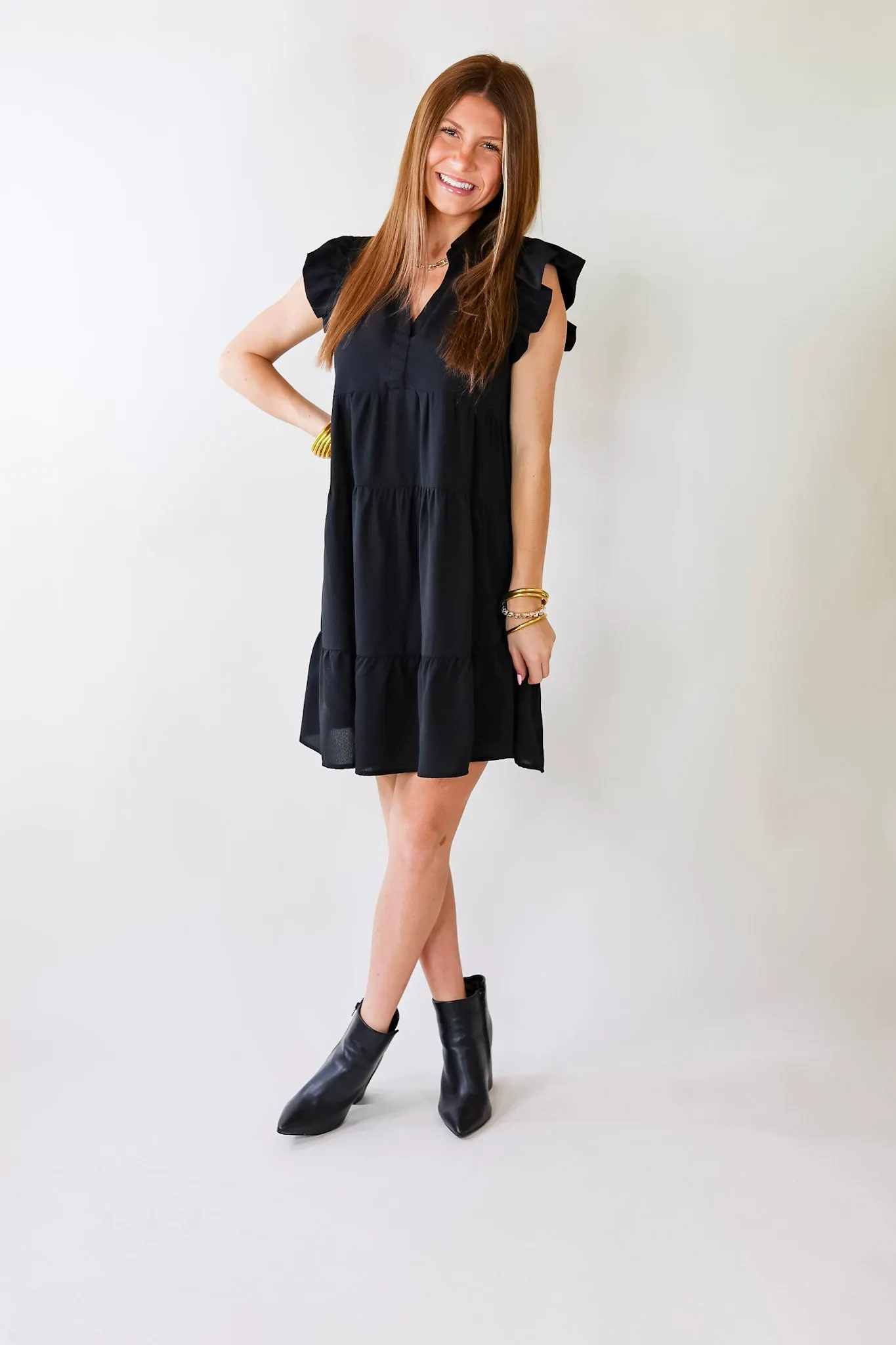 All Of A Sudden Ruffle Cap Sleeve Short Dress in Black