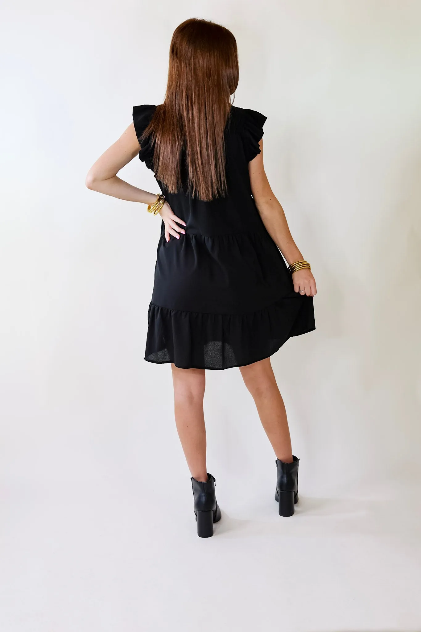 All Of A Sudden Ruffle Cap Sleeve Short Dress in Black