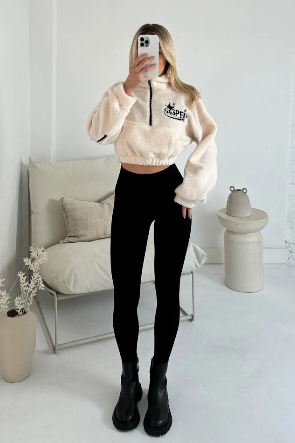 Apsen cream embroidered 3/4 zip fleece and legging set