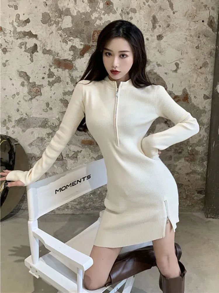 Autumn Korean Zip Knitted Sweater Sexy Bodycon Mini Split Dress Women Kpop Wrap Black Long Sleeve Short Dresses