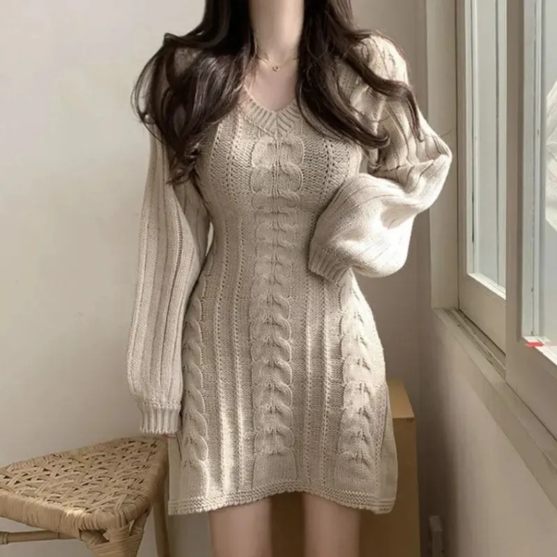 Autumn Winter Knit Knitted Sweater Dress Women Vintage Casual Solid Slim Wrap Long Sleeve Mini Short Dresses Party