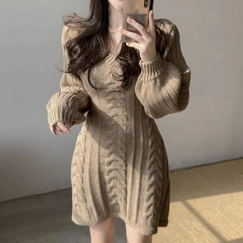 Autumn Winter Knit Knitted Sweater Dress Women Vintage Casual Solid Slim Wrap Long Sleeve Mini Short Dresses Party