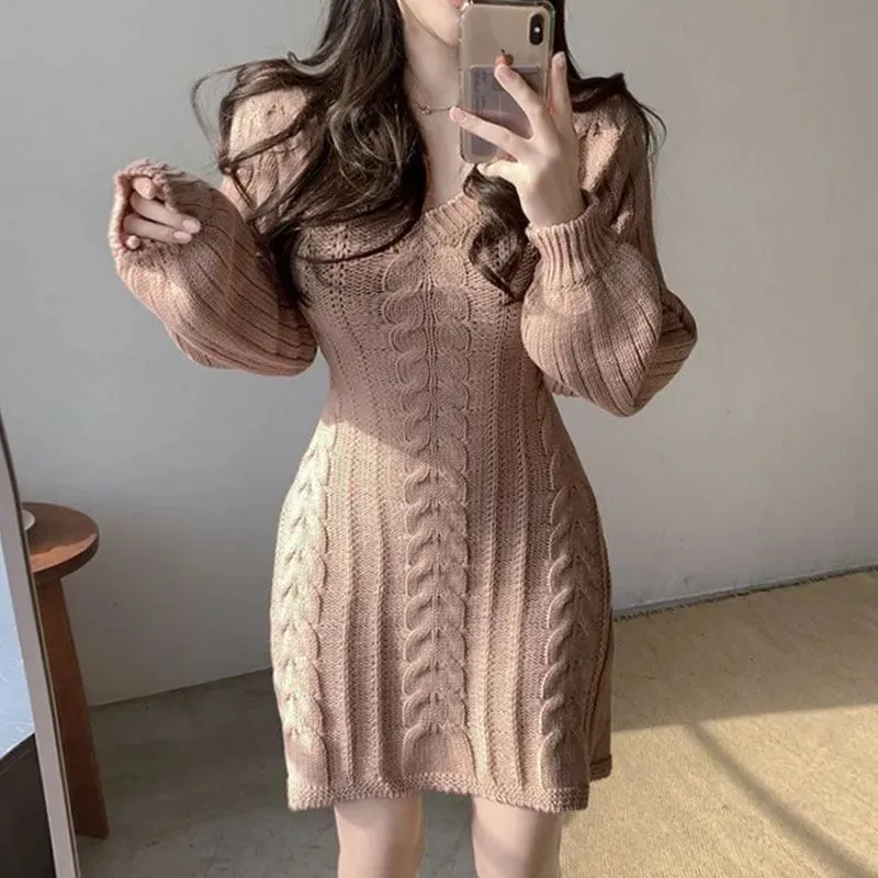 Autumn Winter Knit Knitted Sweater Dress Women Vintage Casual Solid Slim Wrap Long Sleeve Mini Short Dresses Party