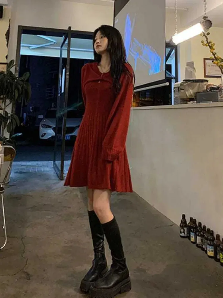 Autumn Winter Knit Sweater Dress Women Preppy Style School Kawaii Student Mini Short Party Dresses