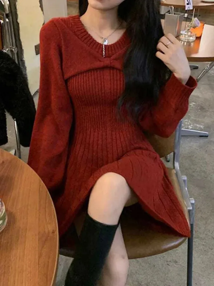 Autumn Winter Knit Sweater Dress Women Preppy Style School Kawaii Student Mini Short Party Dresses