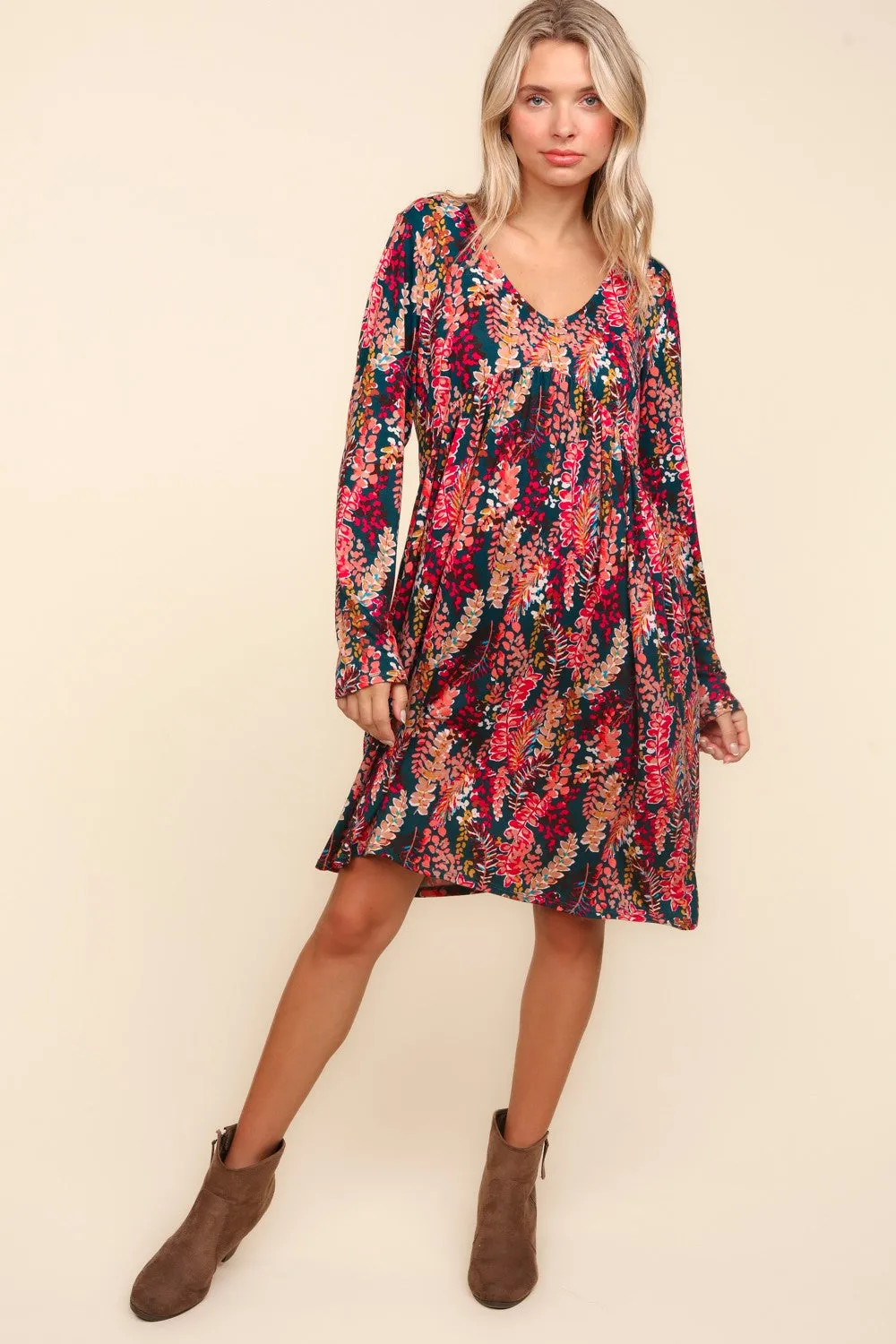 Babydoll Floral Knee Length Dress with Pockets in Hunter Green Berry