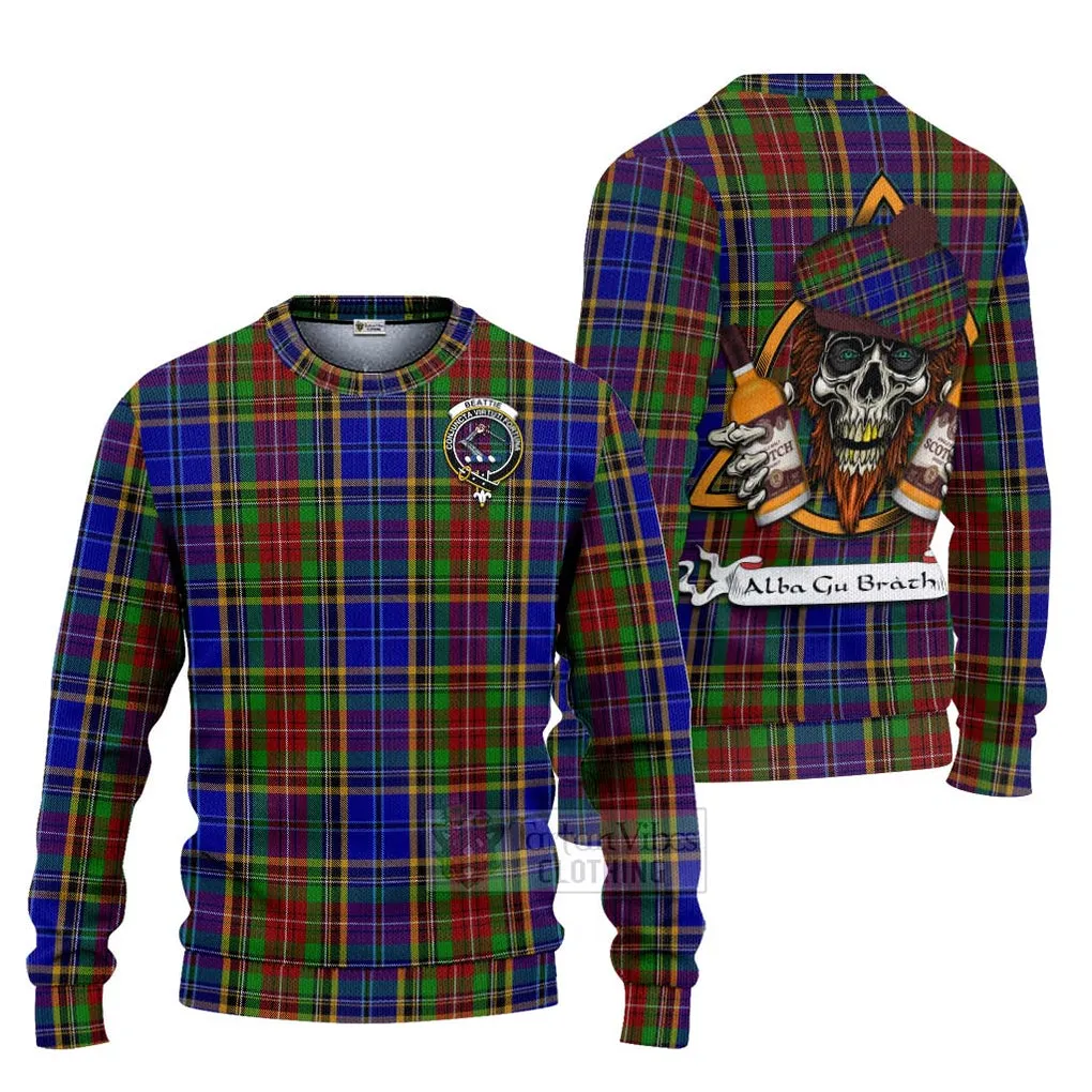 Beattie (Beatty) Tartan Ugly Sweater with Family Crest and Bearded Skull Holding Bottles of Whiskey