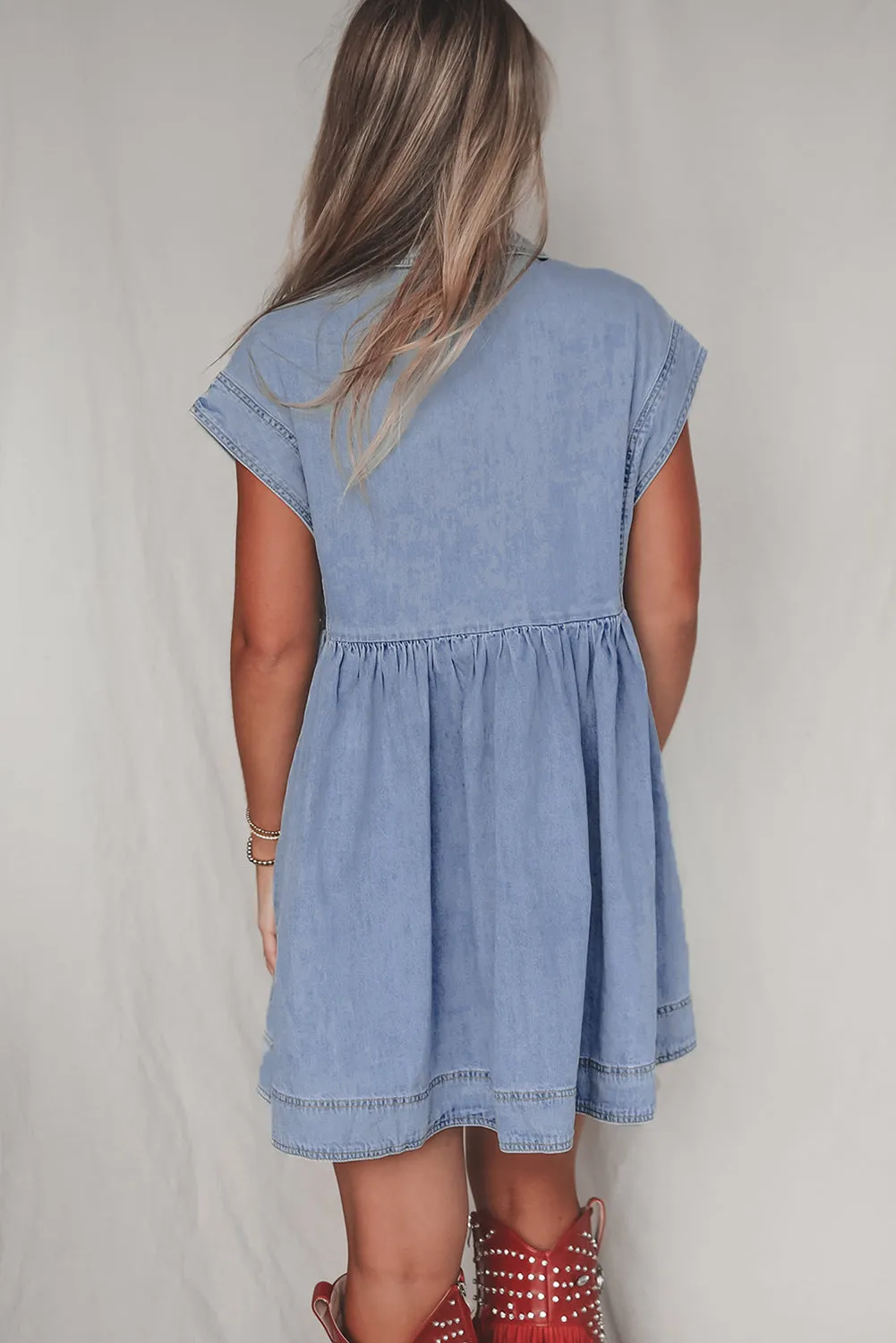 Beau Blue Lapel Neck Cap Sleeve High Waist Denim Babydoll Dress