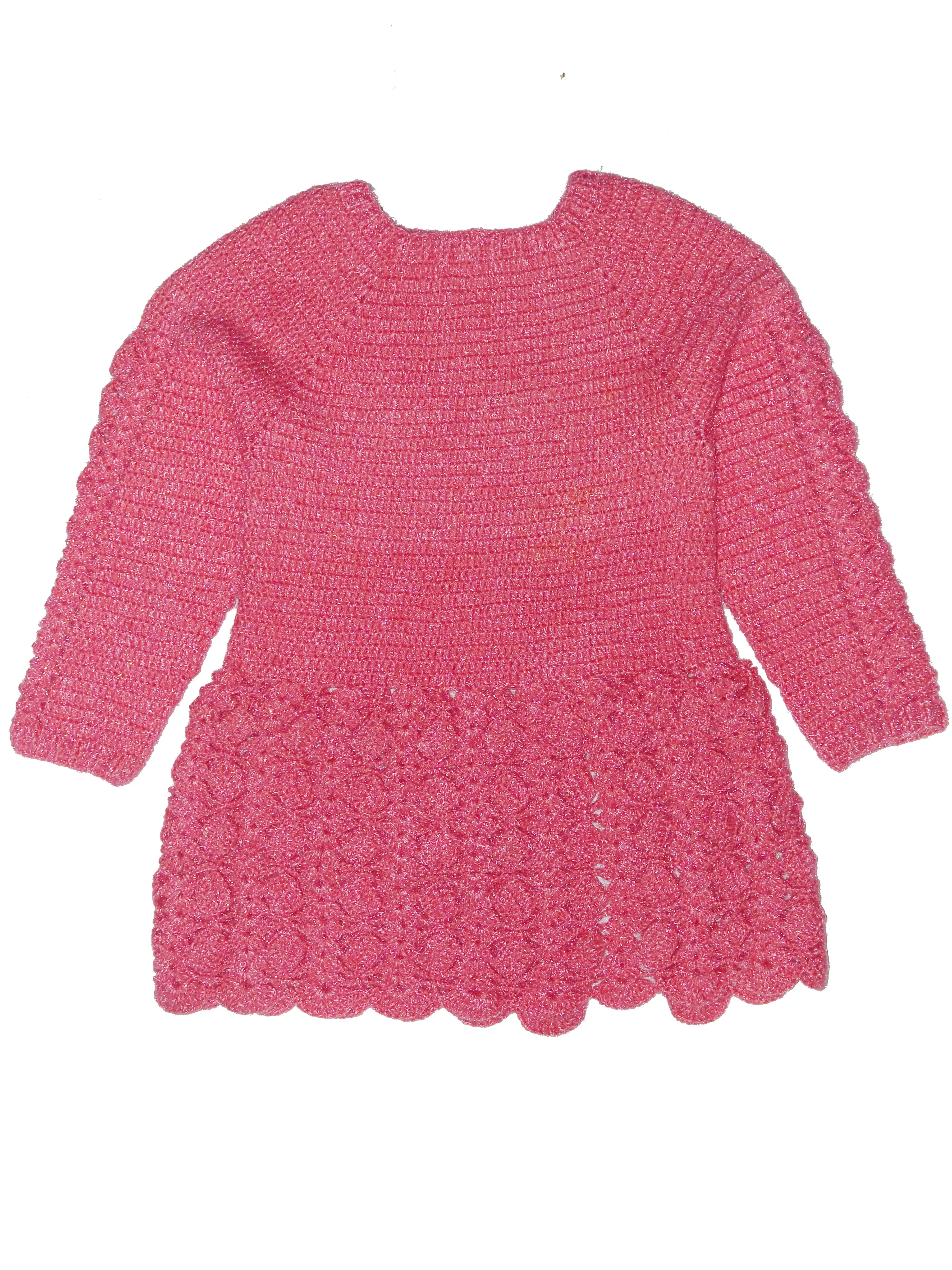 Beautiful Handmade Crochet Full Sleeve Frock For Baby- Pale Violet Red