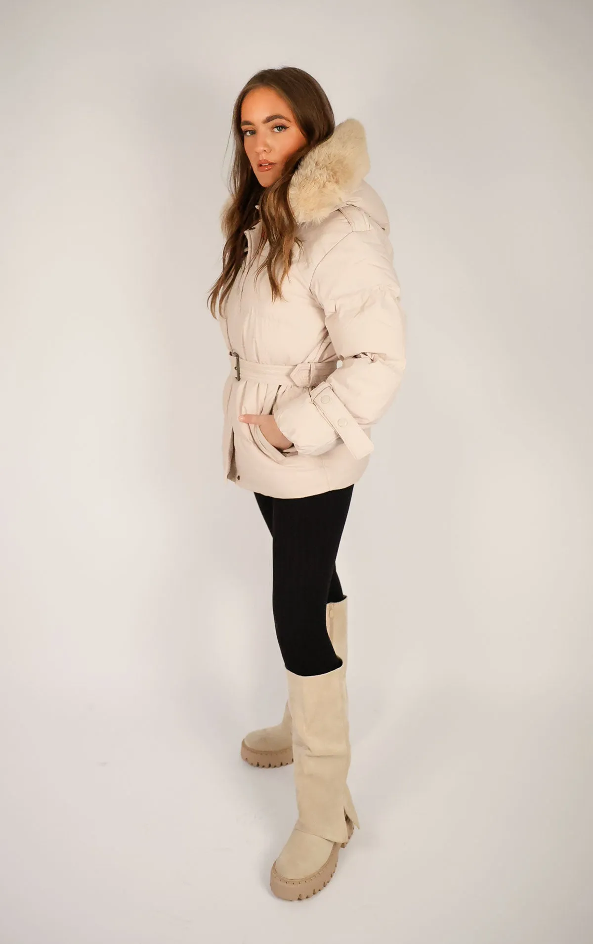 Beige Puffer Coat With Faux Fur Trim Hood and Waist Belt