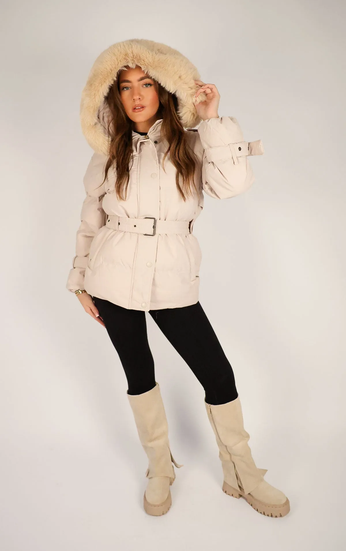 Beige Puffer Coat With Faux Fur Trim Hood and Waist Belt