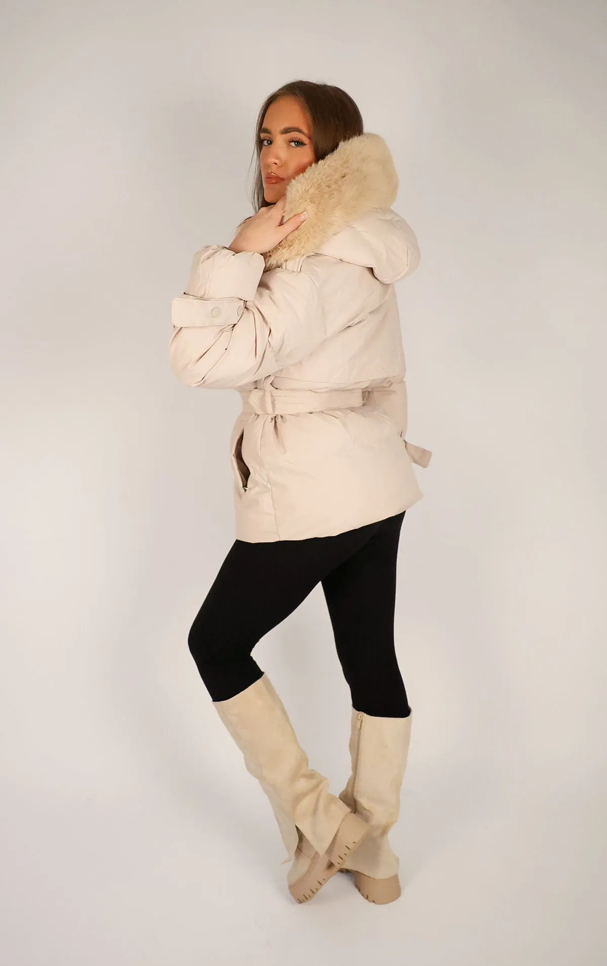 Beige Puffer Coat With Faux Fur Trim Hood and Waist Belt