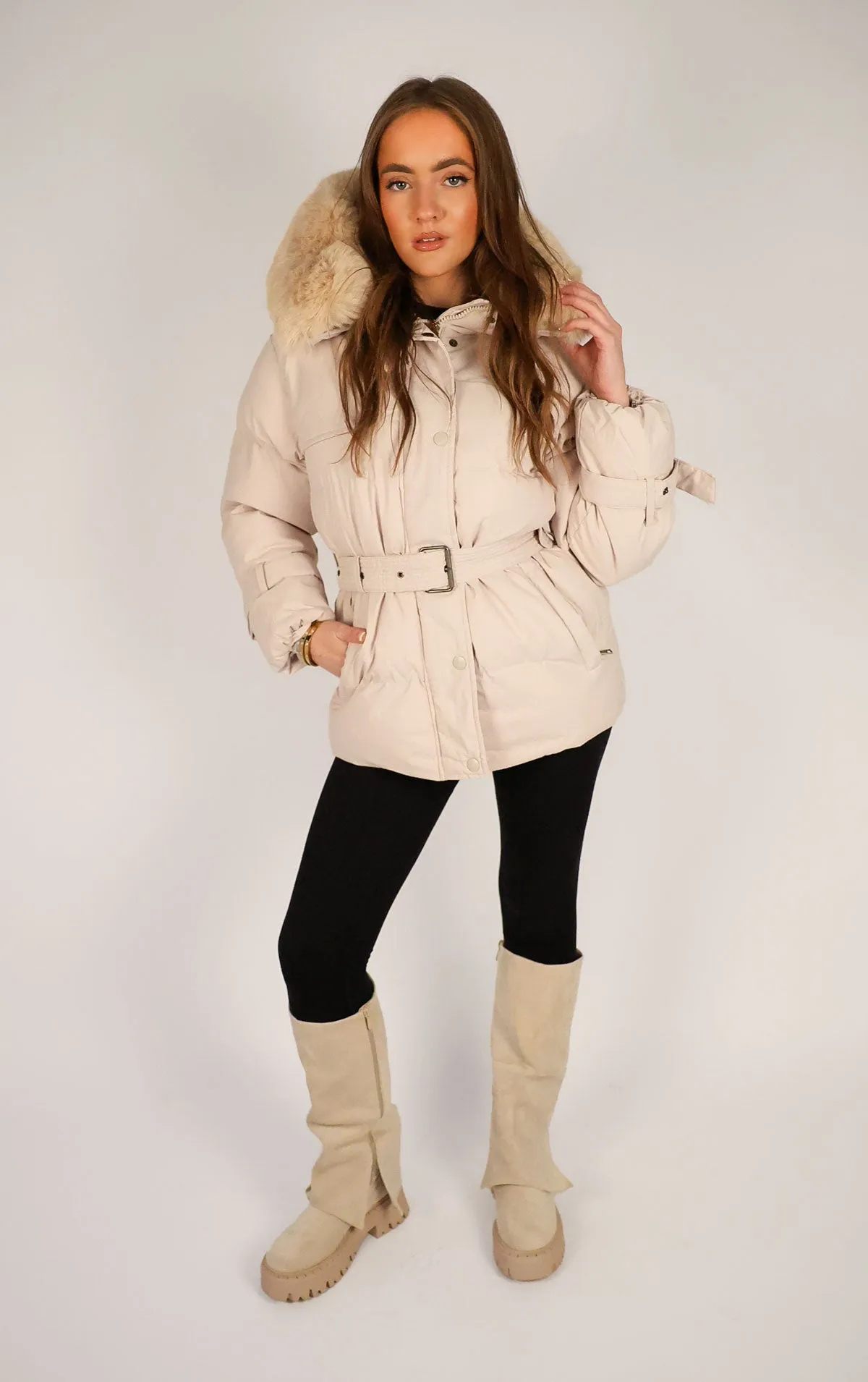 Beige Puffer Coat With Faux Fur Trim Hood and Waist Belt