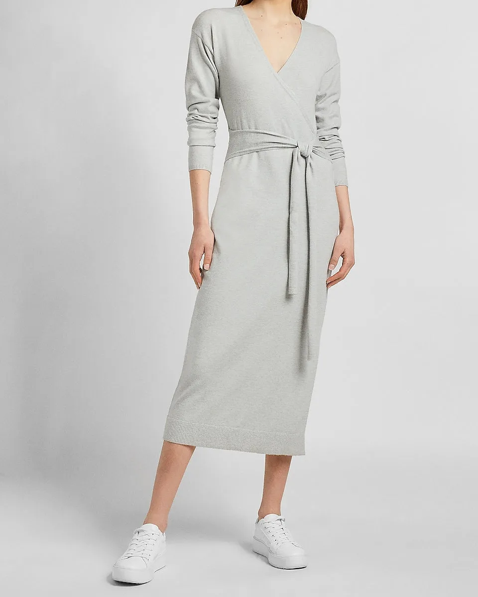 Belted Wrap Front Midi Sweater Dress in Silver Heather Gray