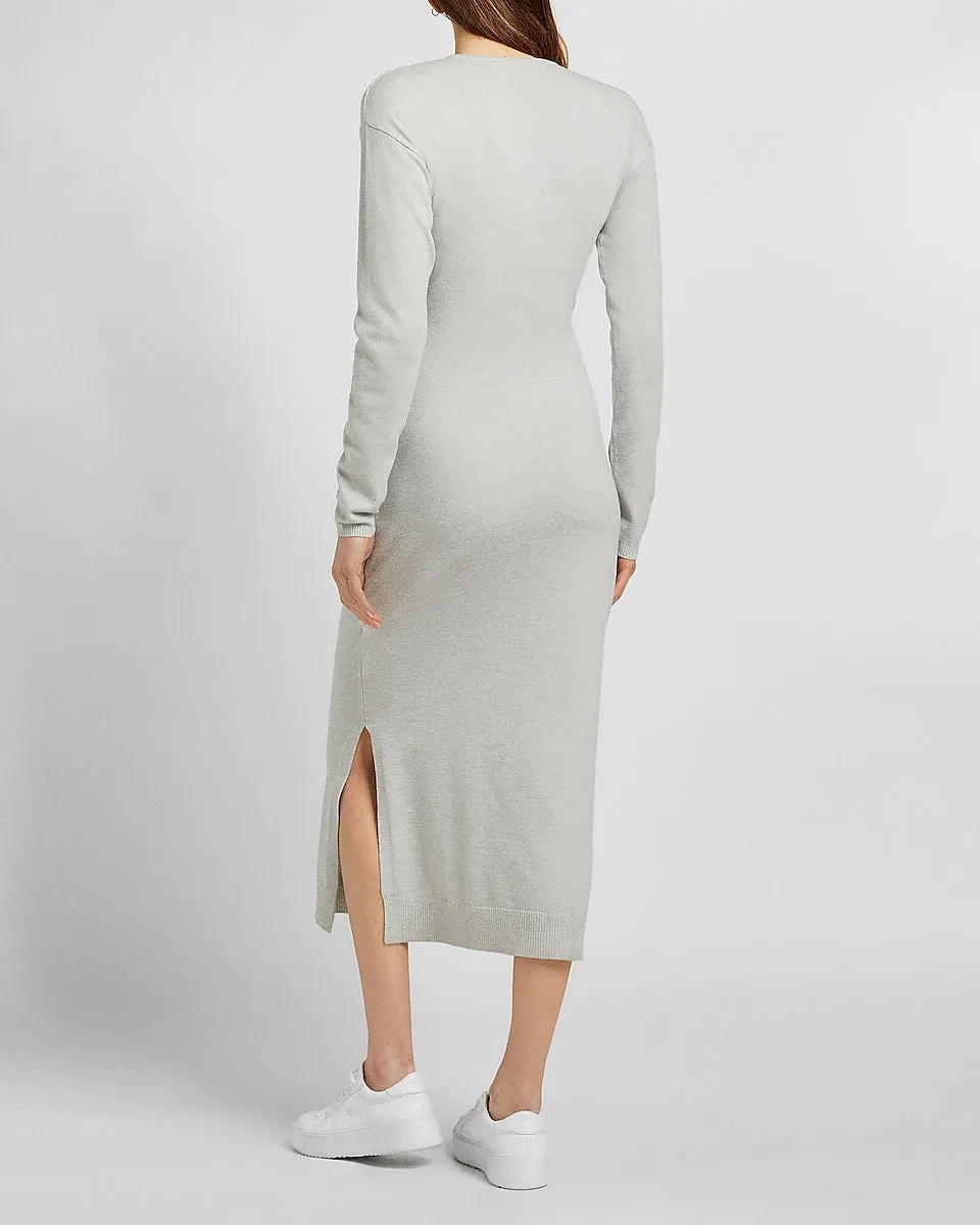 Belted Wrap Front Midi Sweater Dress in Silver Heather Gray