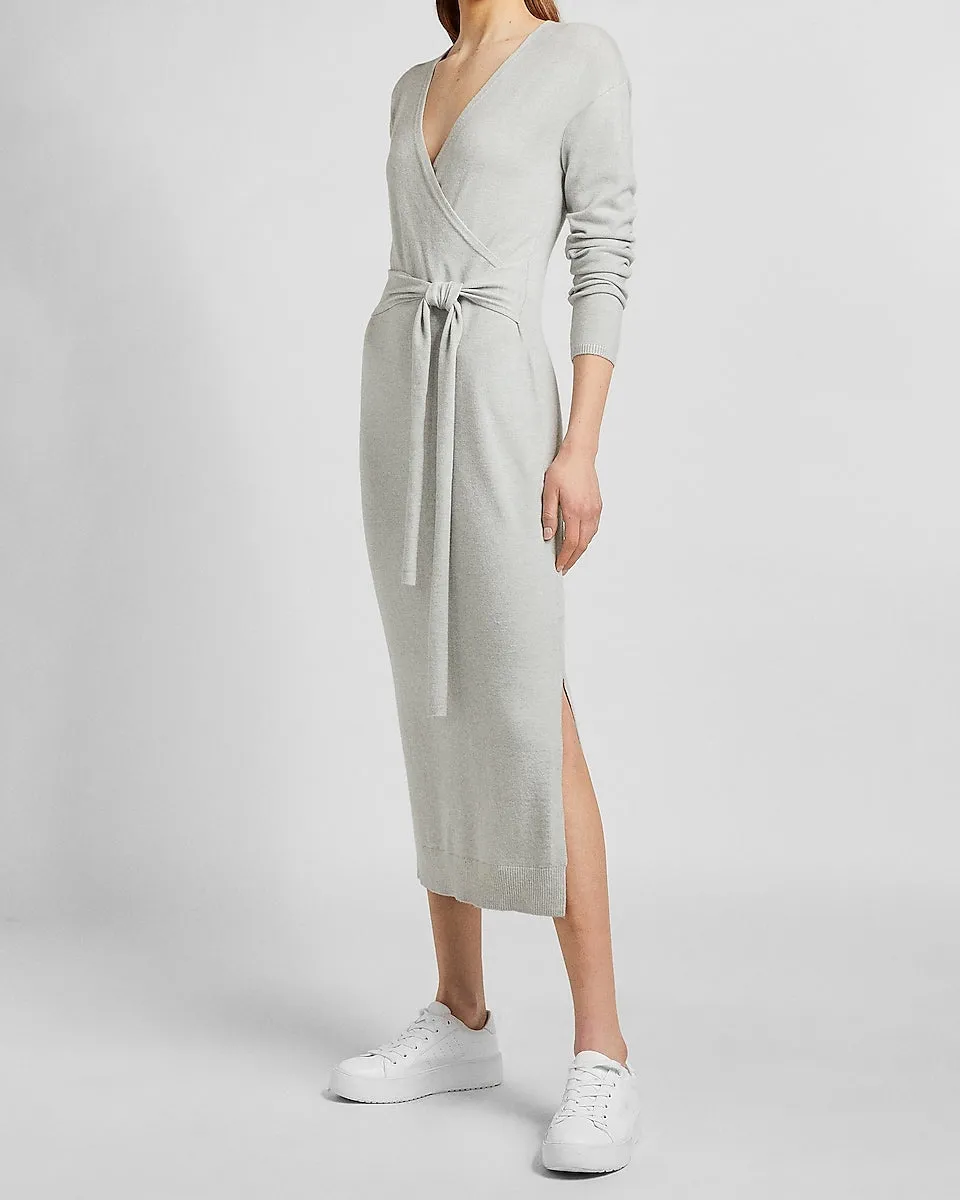 Belted Wrap Front Midi Sweater Dress in Silver Heather Gray