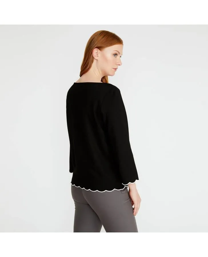 Black 3/4 Sleeve Scalloped Trim Top