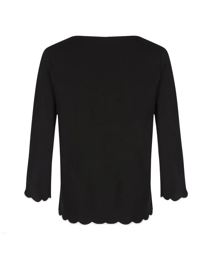 Black 3/4 Sleeve Scalloped Trim Top