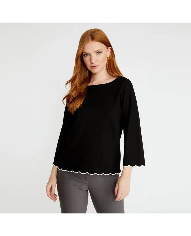 Black 3/4 Sleeve Scalloped Trim Top