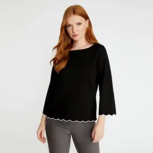 Black 3/4 Sleeve Scalloped Trim Top