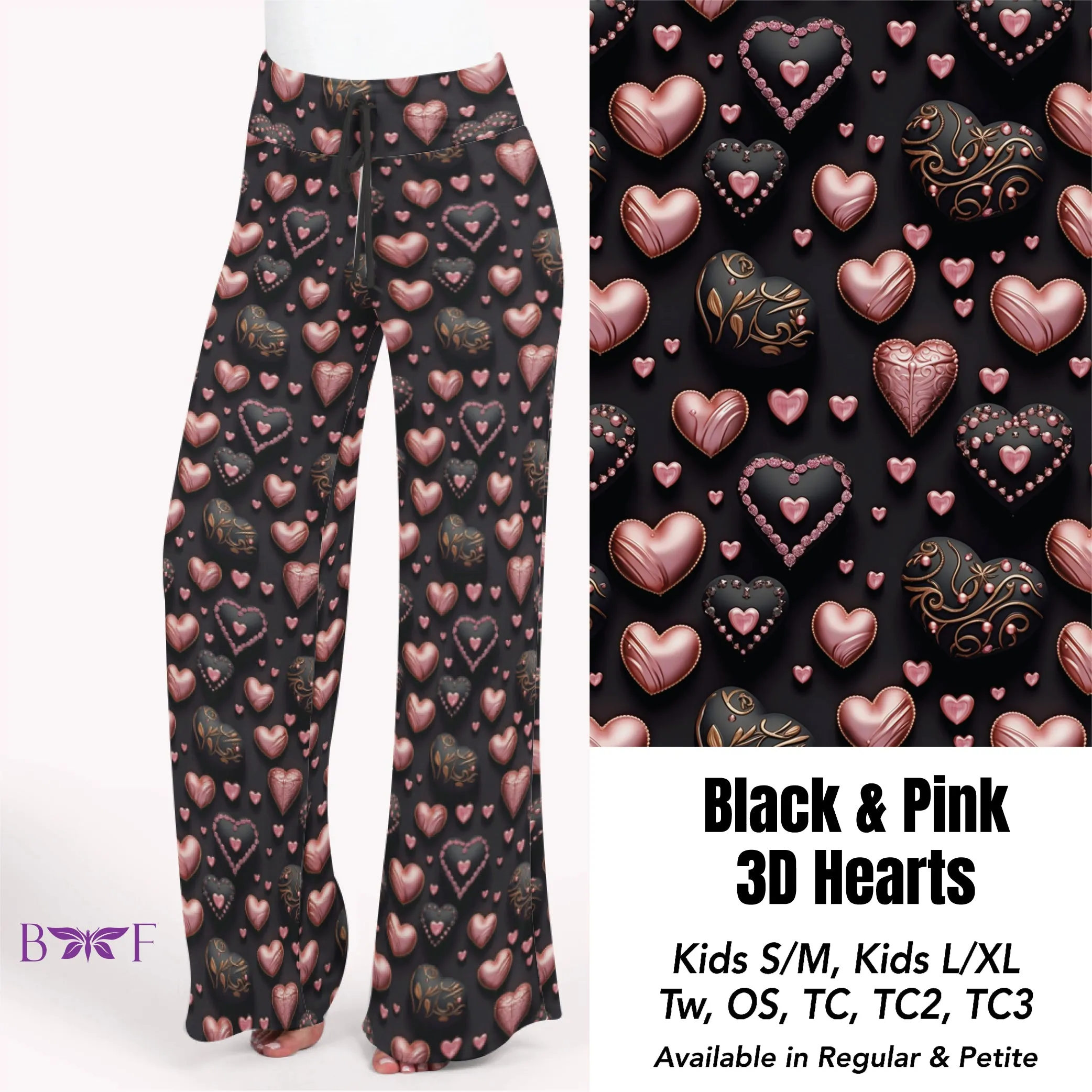 Black & Pink 3D hearts leggings with pockets