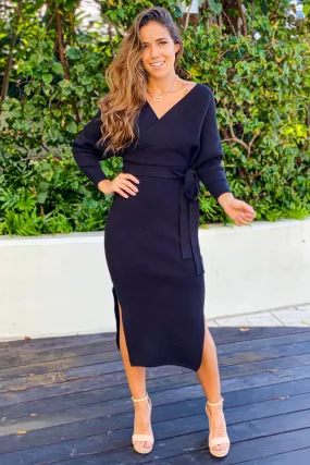 Black Dolman Midi Dress With Slits And Tie