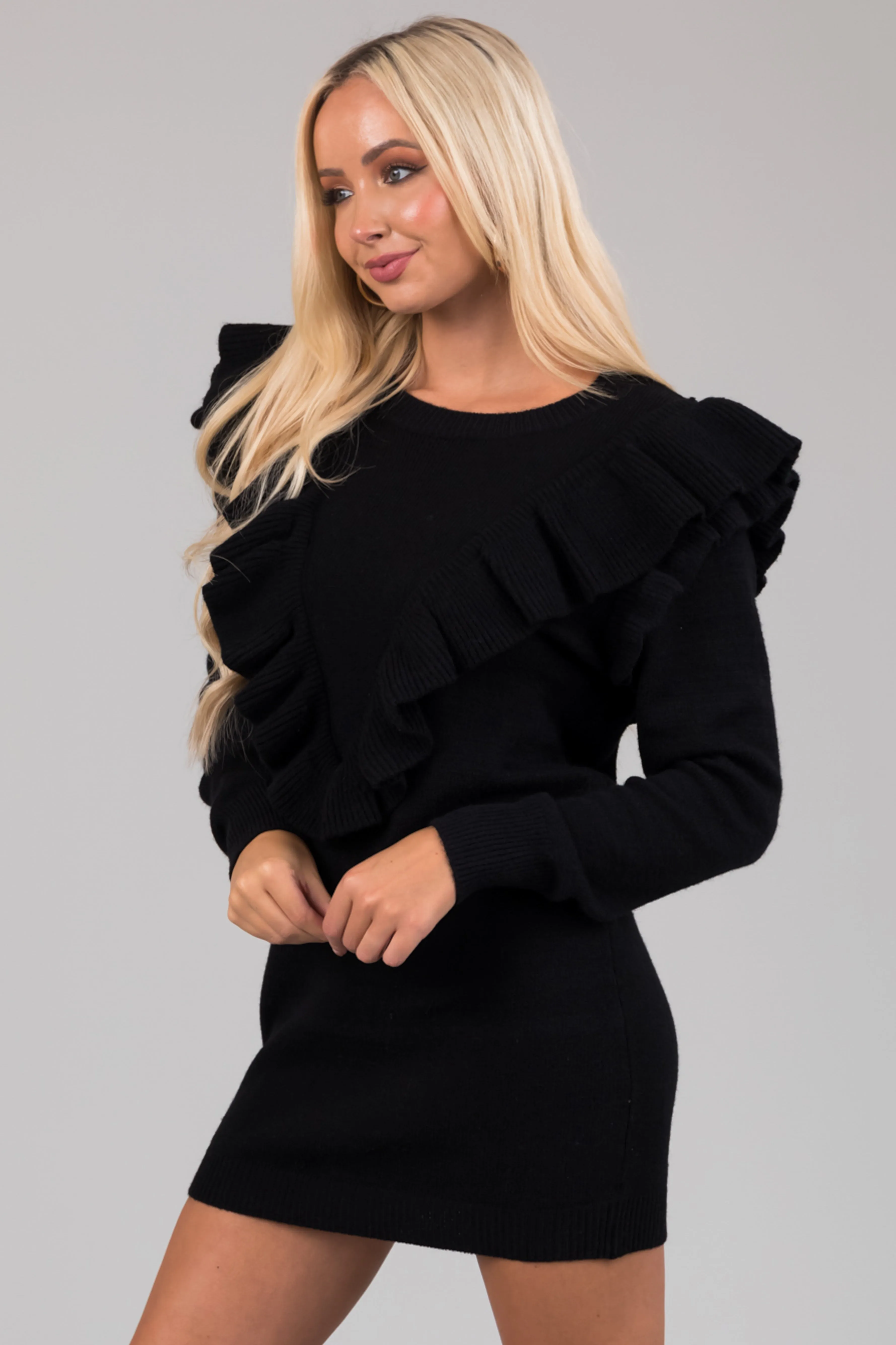 Black Front Ruffle Detail Sweater Mini Dress