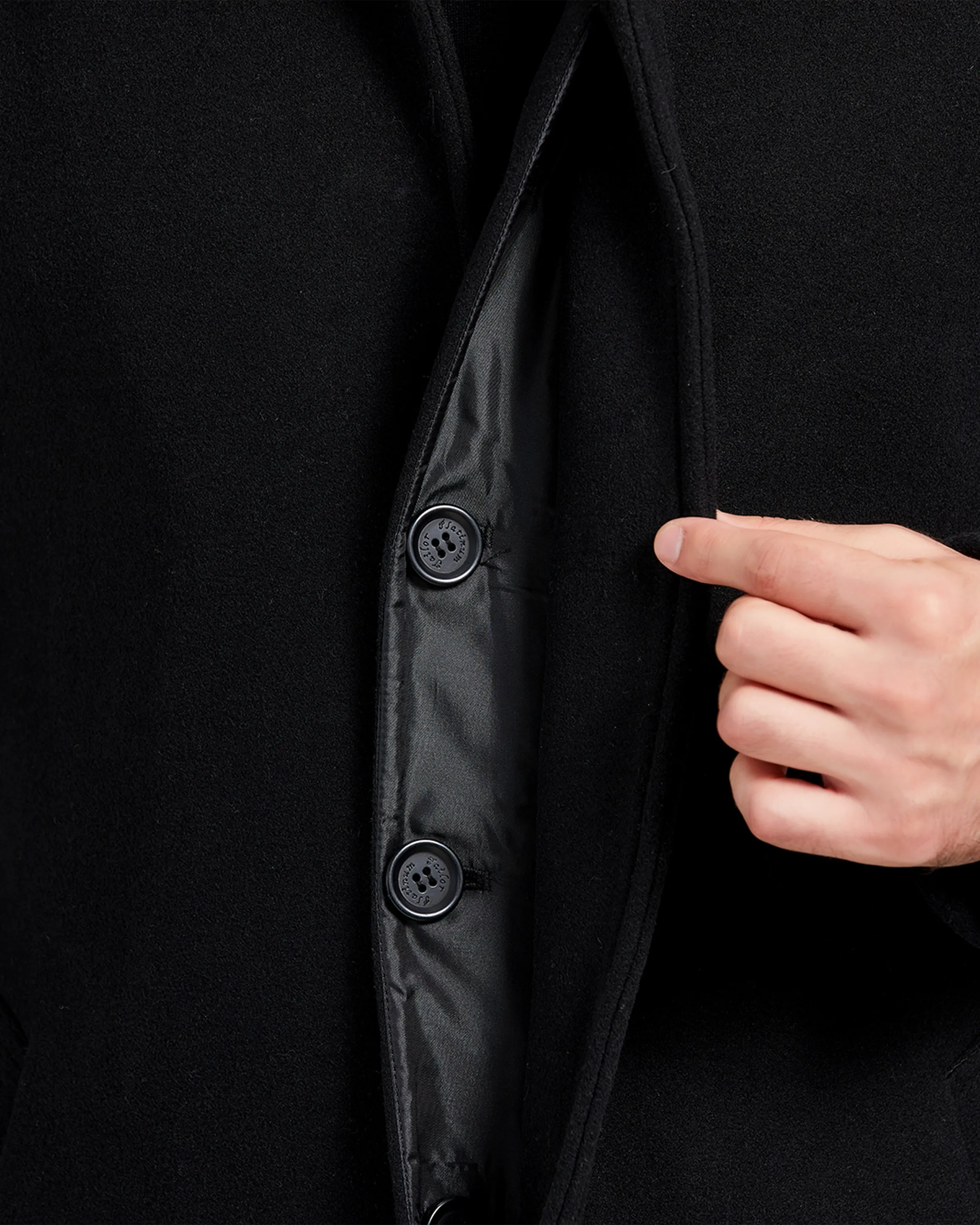 Black Long Wool Cashmere Overcoat Hidden Buttons