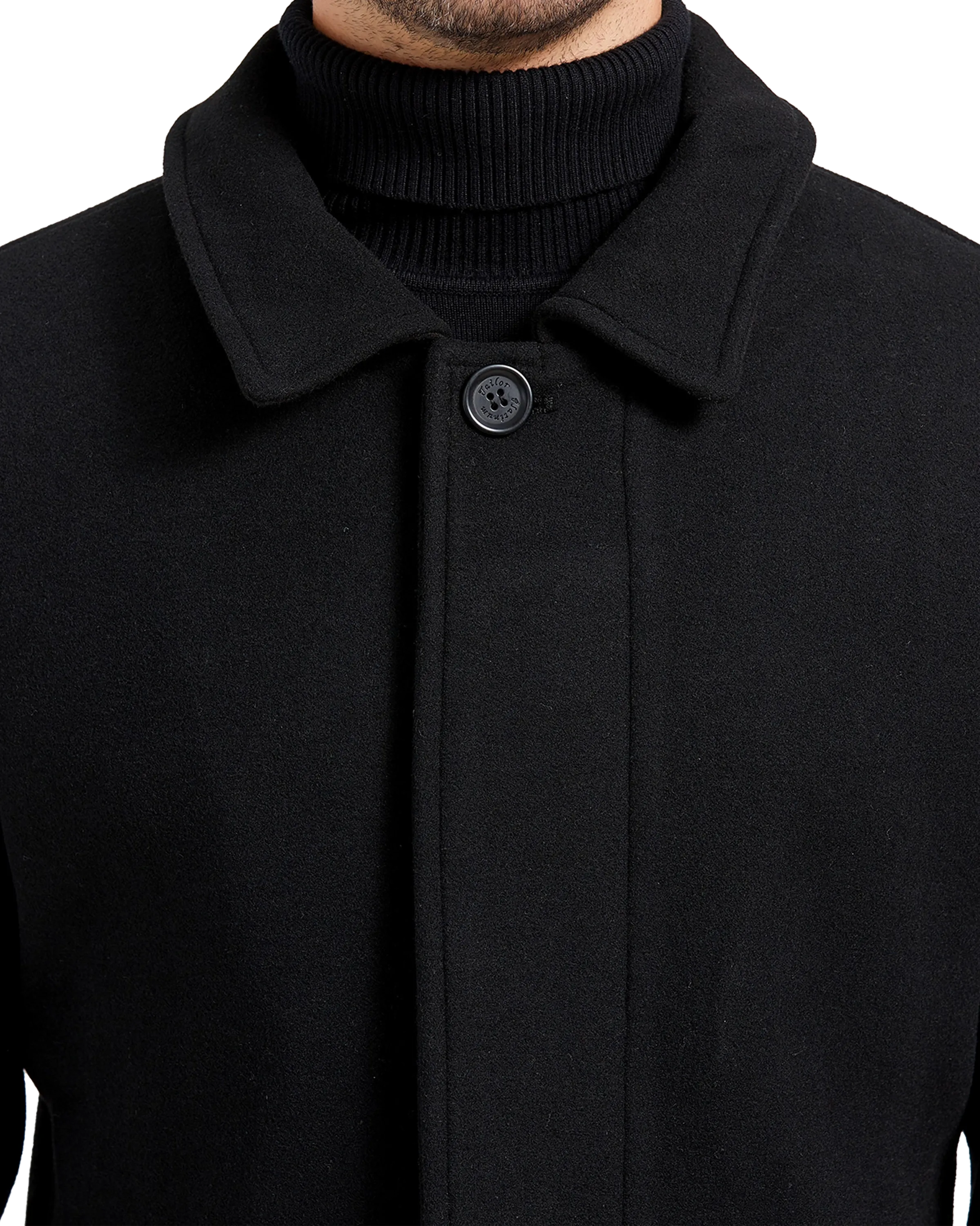 Black Long Wool Cashmere Overcoat Hidden Buttons