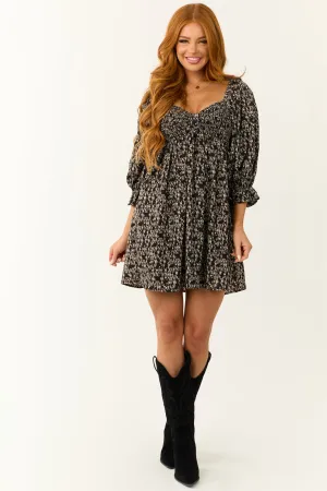 Black Print Sweetheart Neck Short Dress