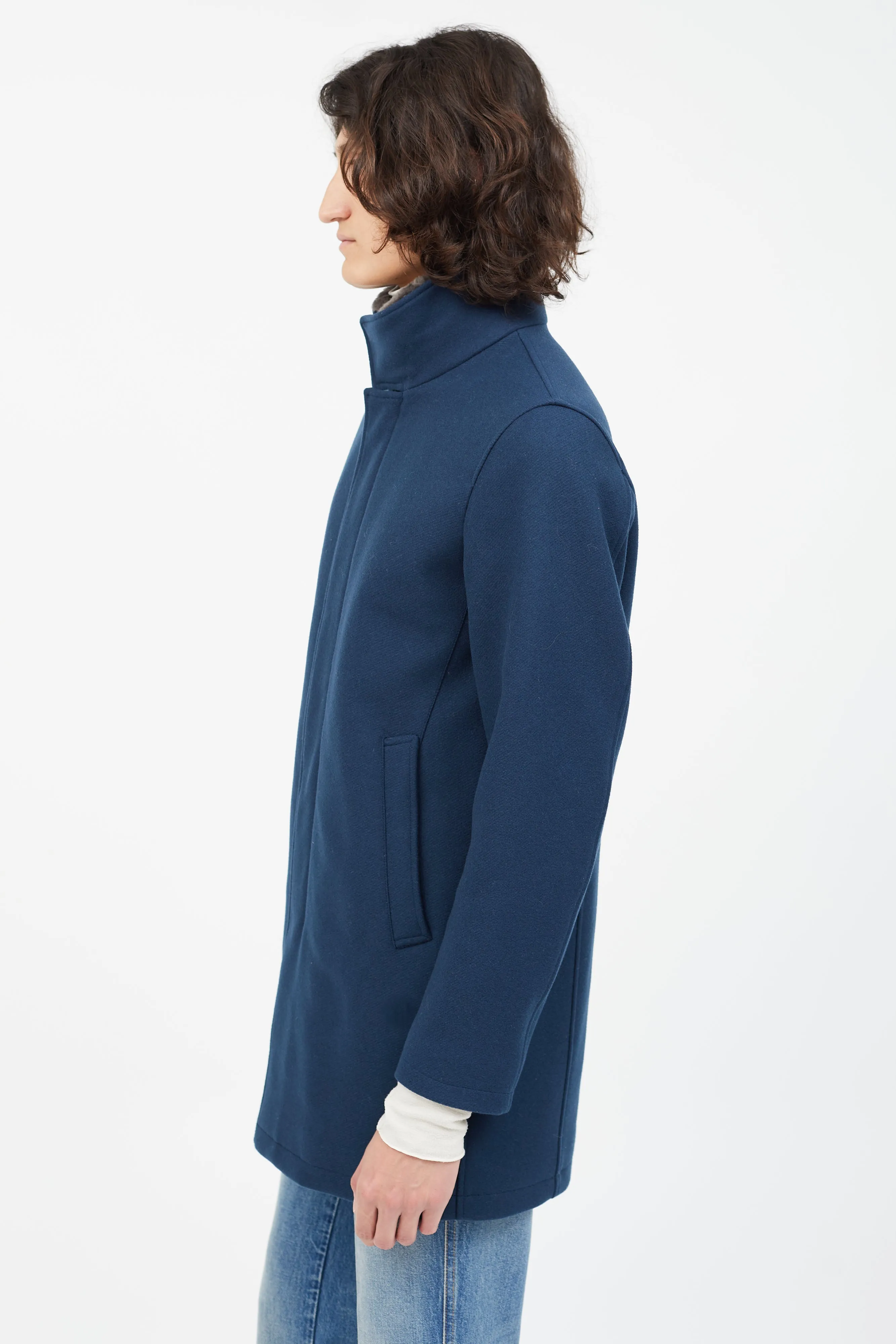 Blue Wool Fur Coat