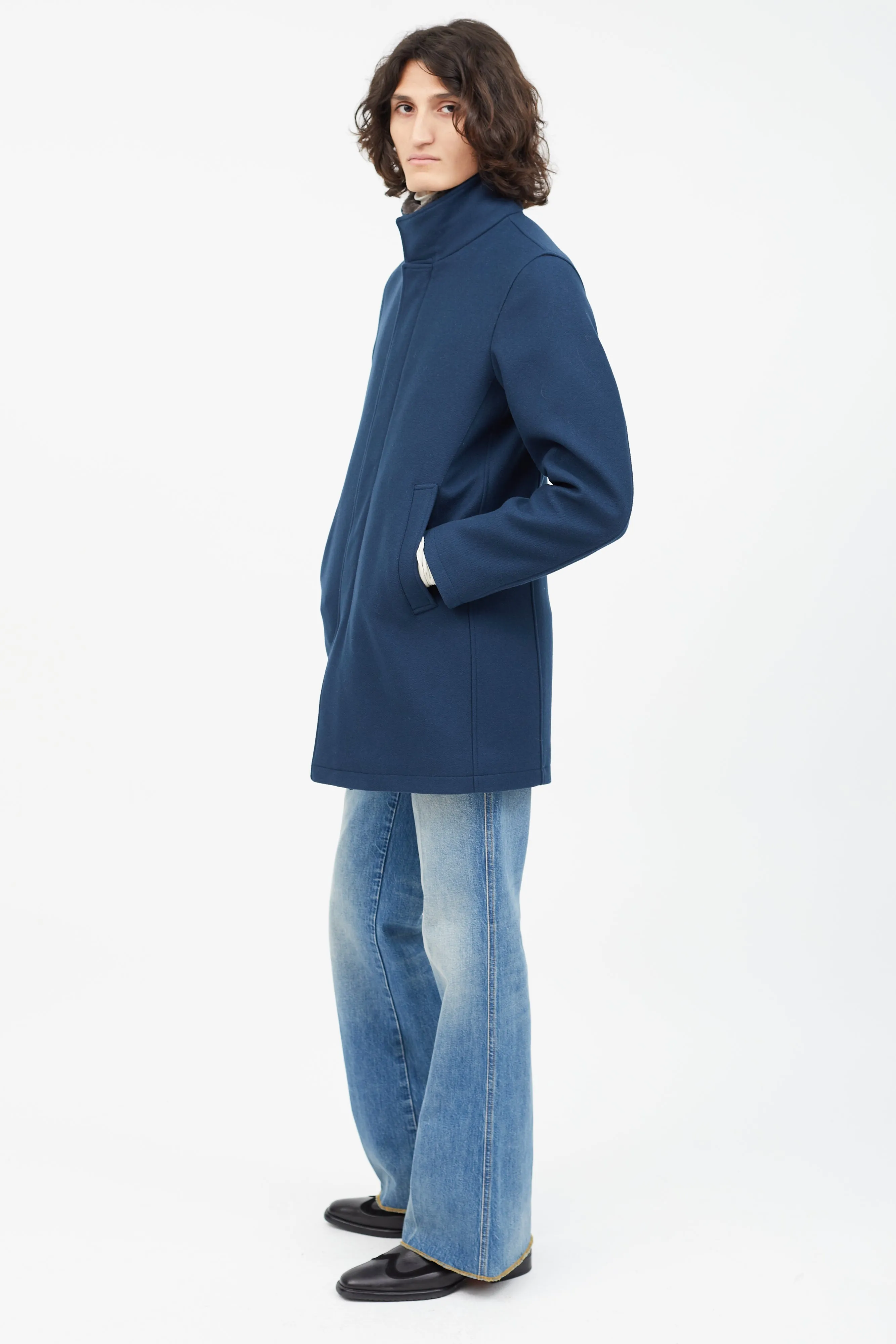 Blue Wool Fur Coat